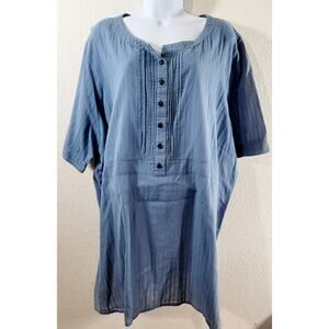 Avenue Blue Striped Henley Short Sleeve Top 32W Plus Lightweight Rounded Hem